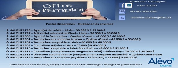 Postes disponibles à Québec en date du 10 mai 2019
