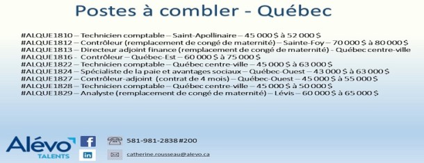 Postes disponibles à Québec en date du 17 mai 2019