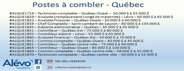 Postes disponibles à Québec en date du 14 juin 2019