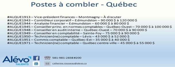 Postes disponibles à Québec en date du 23 août 2019